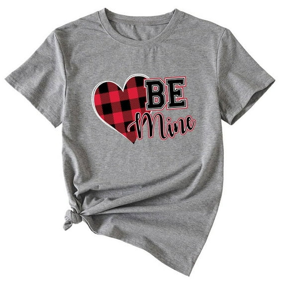 Anbech Heart Printed T-Shirt for Women Casual Plaid Graphic Be Mine Junior Girls Short Sleeve Tee Tops with Crew Neck
