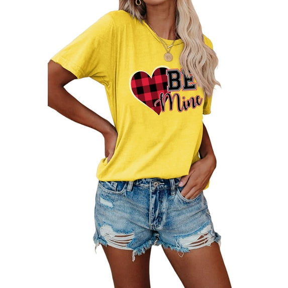Anbech Heart Printed T-Shirt for Women Casual Plaid Graphic Be Mine Junior Girls Short Sleeve Tee Tops with Crew Neck