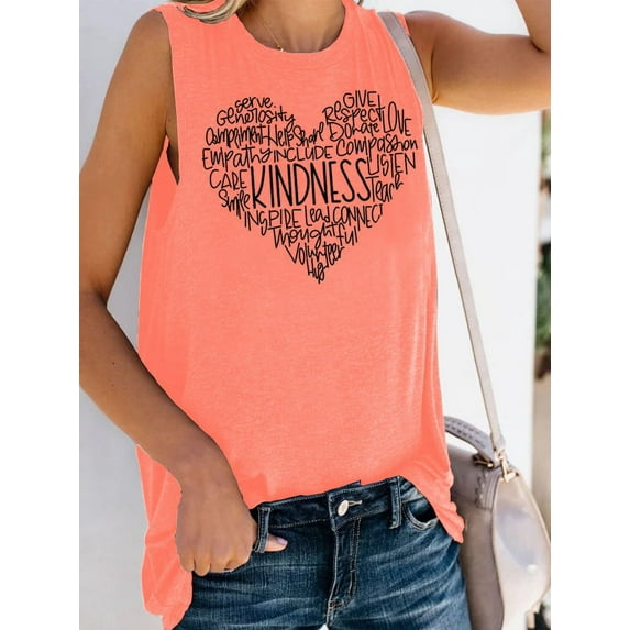 Anbech Heart Tank Top Kindness Shirts Women Sleeveless Graphic Tees Summer Casual Round Neck Tops