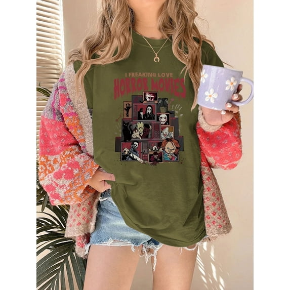 XCHQRTI Horror Movies Shirt for Women Vintage Halloween Tshirt Graphic Shirts Funny Retro Short Sleeve Tops