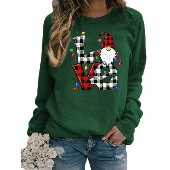 Anbech LOVE Print Sweatshirt for Women Plaid Graphic LOVE Printing Long Sleeve Hoodies with Crew Neck