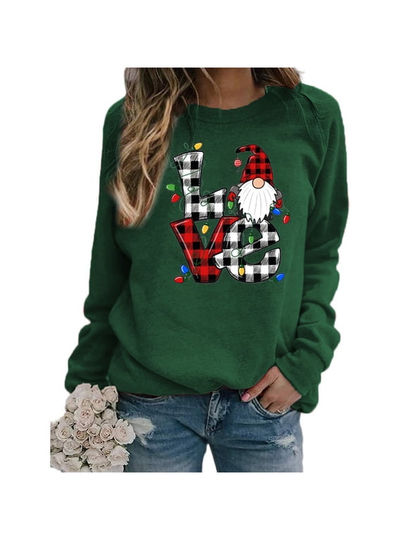 LOVE Print Sweatshirt for Women Plaid Graphic LOVE Printing Long Sleeve Hoodies with Crew Neck