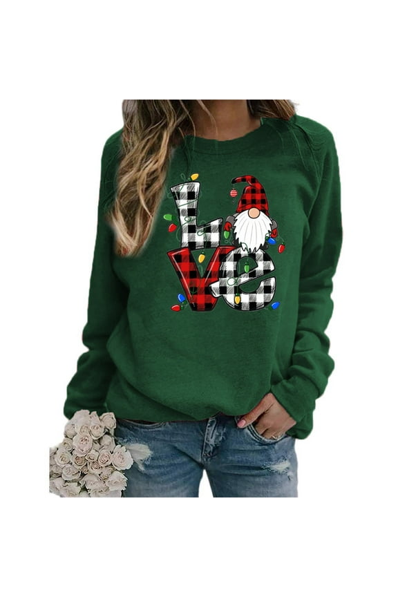 LOVE Print Sweatshirt for Women Plaid Graphic LOVE Printing Long Sleeve Hoodies with Crew Neck