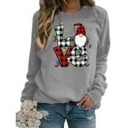 Anbech LOVE Print Sweatshirt for Women Plaid Graphic LOVE Printing Long Sleeve Hoodies with Crew Neck