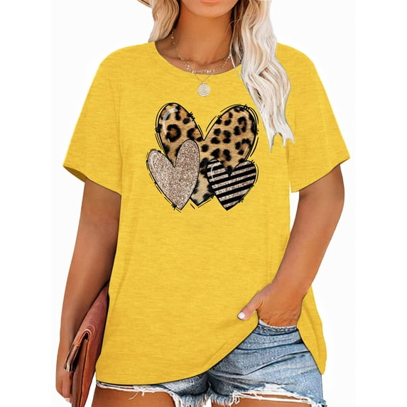 Anbech Leopard Heart Plus Size T-Shirts for Women Graphic Leopard Heart Print Short Sleeves Tees Plus T-Shirt with Round Neck