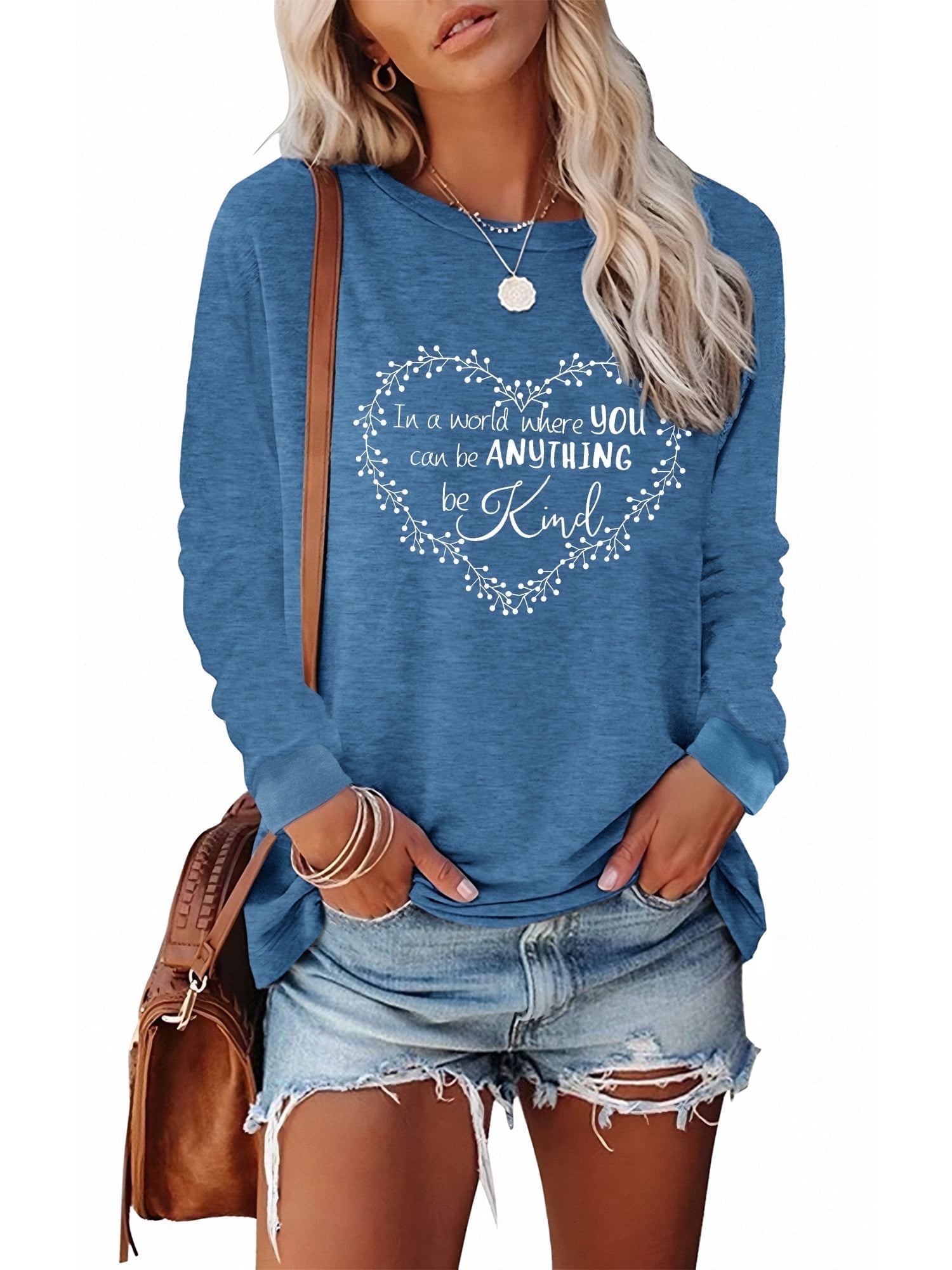 Anbech Long Sleeve T-Shirt for Women Casual Sweatshirt Heart Print Tee Shirt with Round Neck