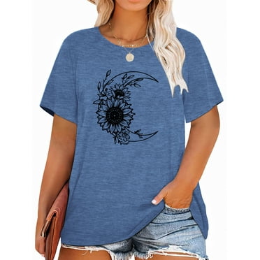 Anbech Moon And Sunflower Plus Size T-Shirts for Women Graphic Sunflower Moon Print Oversize Short Sleeves T-Shirt with Round Neck