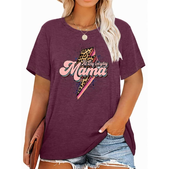 Anbech Mother's Day Plus Size T-Shirts for Women Graphic Mama Leopard Lightning Print Oversize Short Sleeves T-Shirt with Round Neck