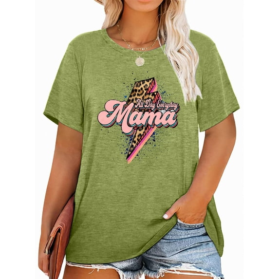 Anbech Mother's Day Plus Size T-Shirts for Women Graphic Mama Leopard Lightning Print Oversize Short Sleeves T-Shirt with Round Neck