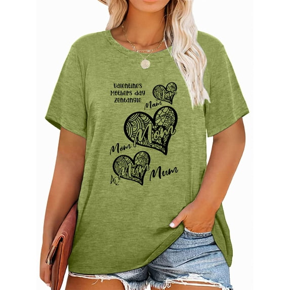 Anbech Mother's Day Plus Size T-Shirts for Women Graphic Mom Heart Print Oversize Short Sleeves T-Shirt with Round Neck