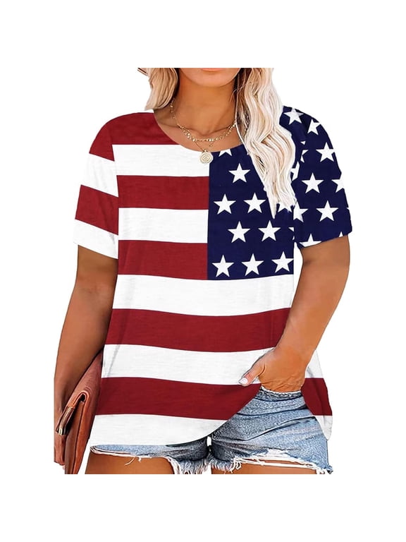 Patriotic USA Flag Women Plus Shirts Graphic 4th of July Tee Independence Day Tunic Tshirts