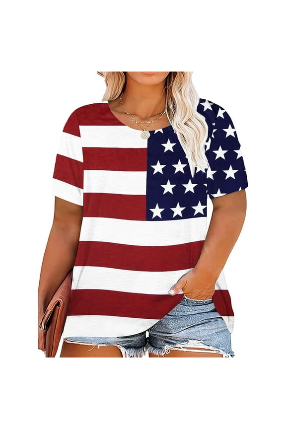 Patriotic USA Flag Women Plus Shirts Graphic 4th of July Tee Independence Day Tunic Tshirts