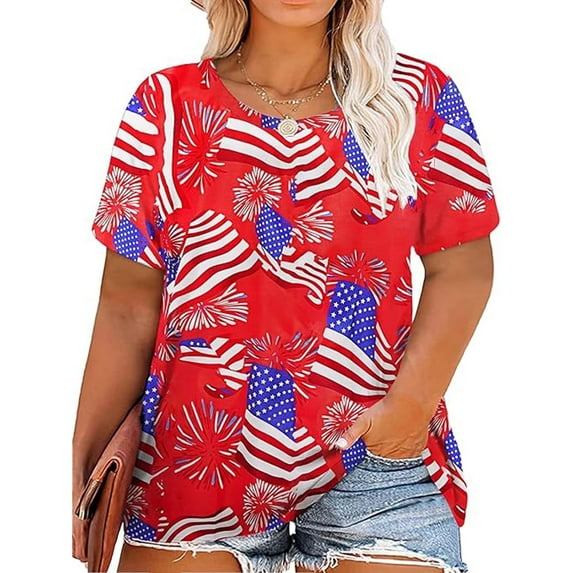 Anbech Patriotic USA Flag Women Plus Shirts Graphic 4th of July Tee Independence Day Tunic Tshirts