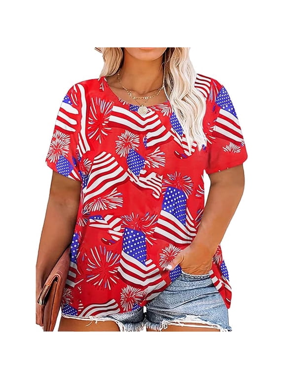 Patriotic USA Flag Women Plus Shirts Graphic 4th of July Tee Independence Day Tunic Tshirts