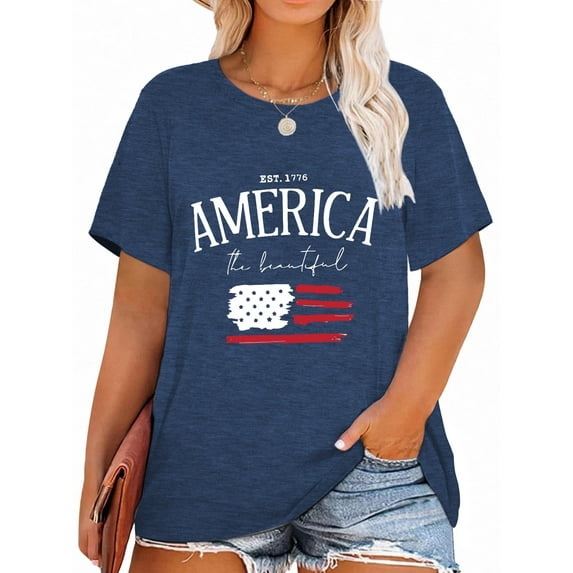 Anbech Patriotic USA Flag Women Plus Shirts Graphic 4th of July Tee Independence Day Tunic Tshirts