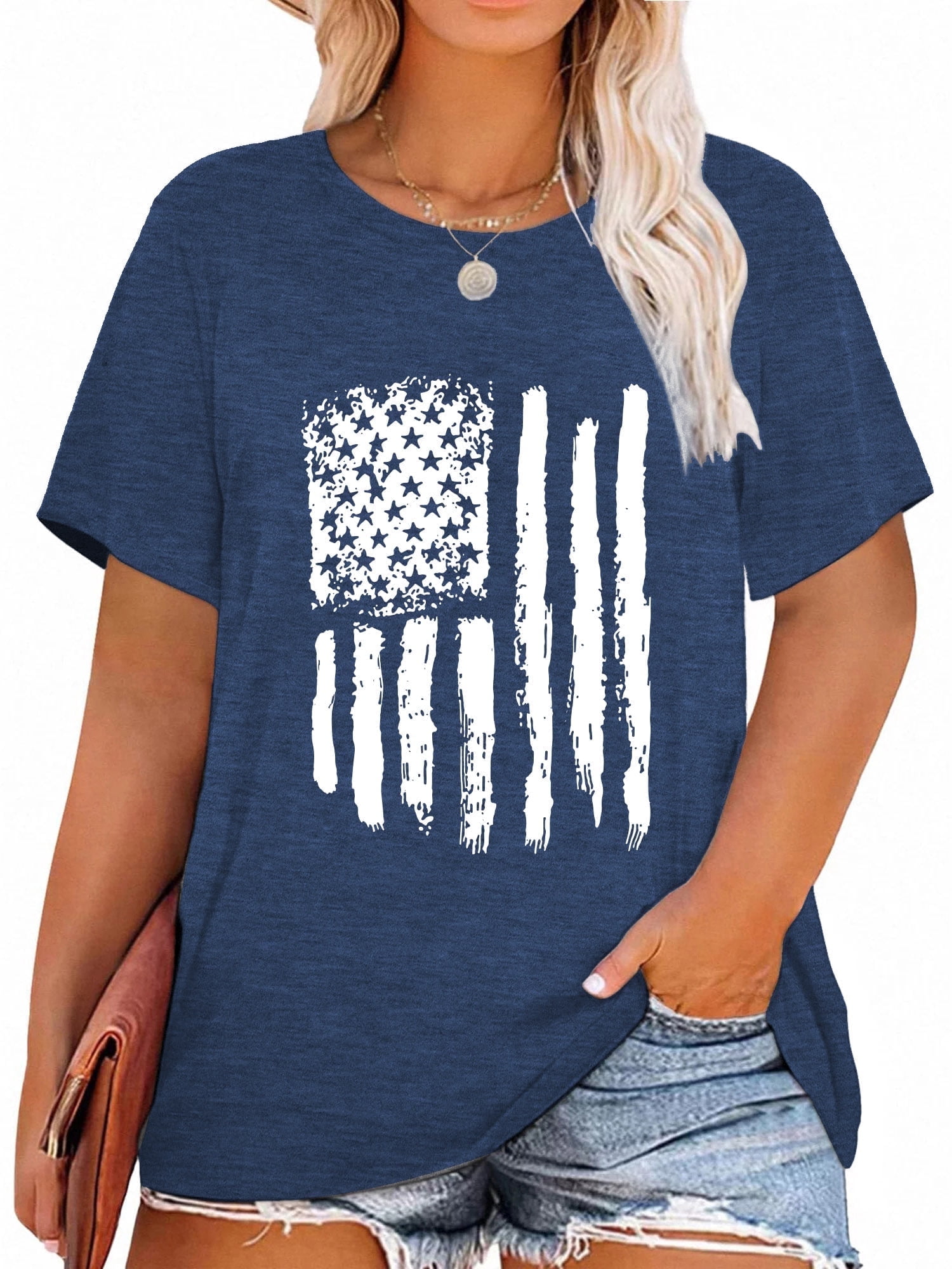 Anbech Patriotic Flag Graphic Tee, Women's Plus Size, Casual 4th of