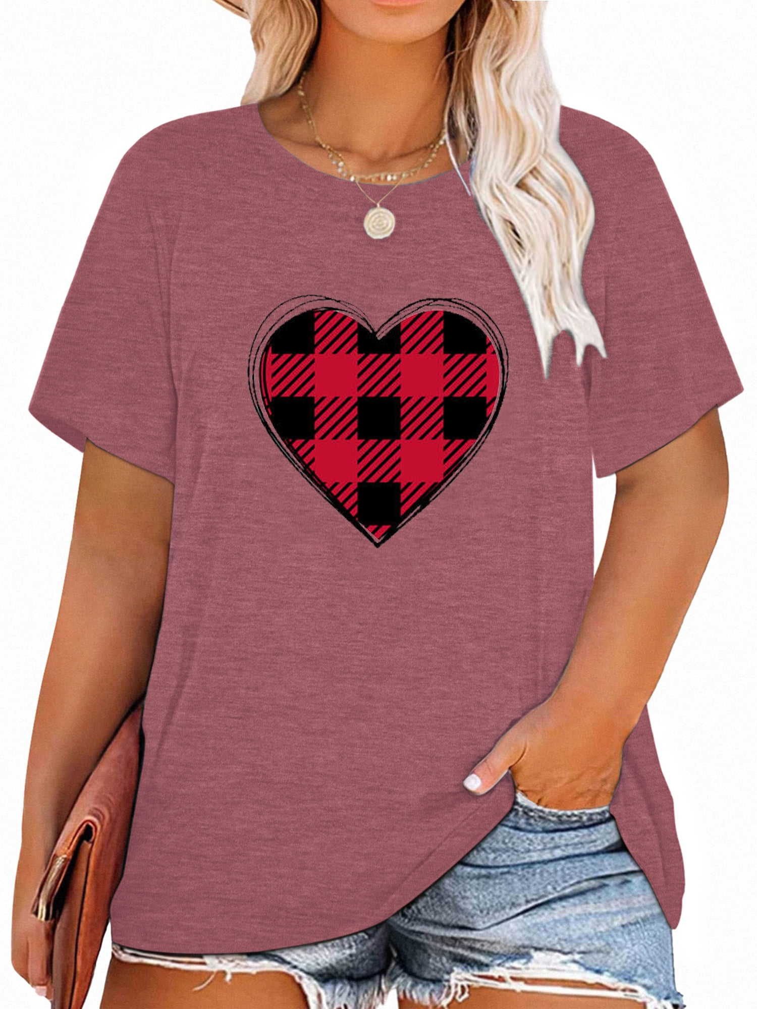 Anbech Plaid Heart Plus Size T-Shirts for Women Graphic Red Heart Print ...