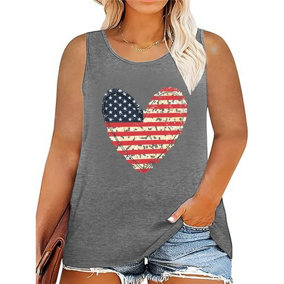 Anbech Plus Size 4th of July Women Tank Tops Patriotic Graphic Floral Heart Flag Sleeveless Tees