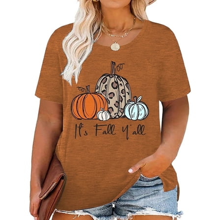 XCHQRTI Pumpkin Plus Size Women Tshirt Its Fall Yall Thanksgiving Short Sleeve Graphic Tees