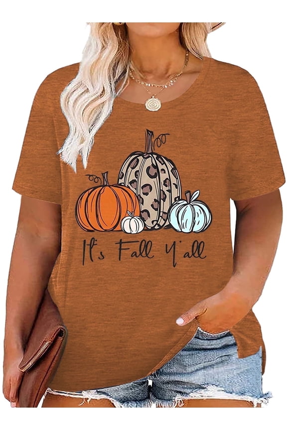 Pumpkin Plus Size Women Tshirt Its Fall Yall Thanksgiving Short Sleeve Graphic Tees