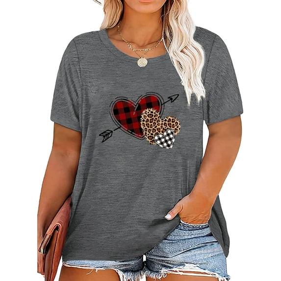 Anbech Plus Size Women Shirt Love Heart Crewneck Tshirt Short Sleeve Oversized Graphic Sweet Top