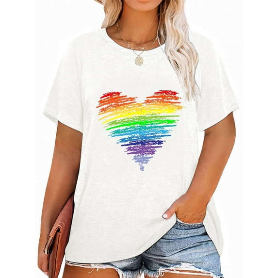 Anbech Plus Size Women Shirt Love Heart Crewneck Tshirt Short Sleeve Oversized Graphic Sweet Top