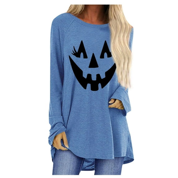 Anbech Pumpkin Face Sweatshirts for Women Halloween Pullover Mid Length Hoodie Long Sleeve Graphic Top