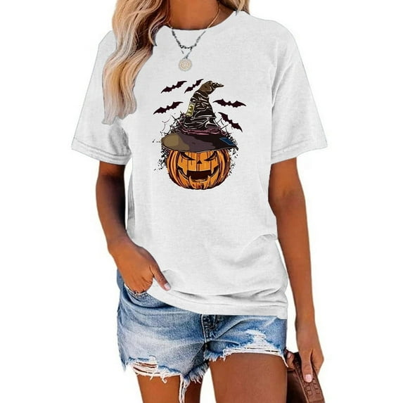 XCHQRTI Pumpkin Shirt for Women Vintage Halloween Tshirt Graphic Shirts Funny Retro Short Sleeve Tops
