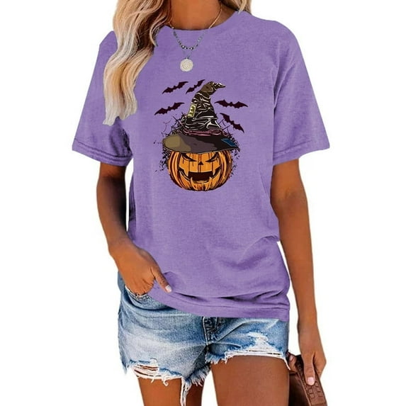 XCHQRTI Pumpkin Shirt for Women Vintage Halloween Tshirt Graphic Shirts Funny Retro Short Sleeve Tops