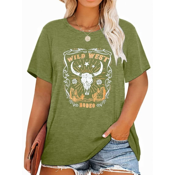 Anbech RODEO Cowboy Plus Size T-Shirts for Women Graphic Wild West Print Vintage Short Sleeves T-Shirt with Round Neck