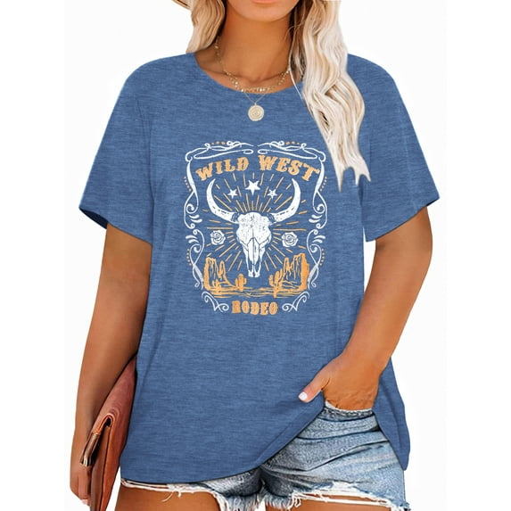 Anbech RODEO Cowboy Plus Size T-Shirts for Women Graphic Wild West Print Vintage Short Sleeves T-Shirt with Round Neck