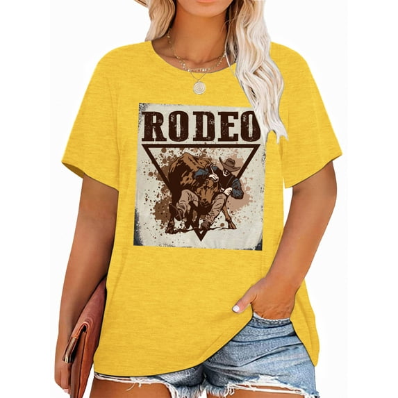 Anbech RODEO Plus Size T-Shirts for Women Graphic Cowboy Print Vintage Short Sleeves T-Shirt with Round Neck