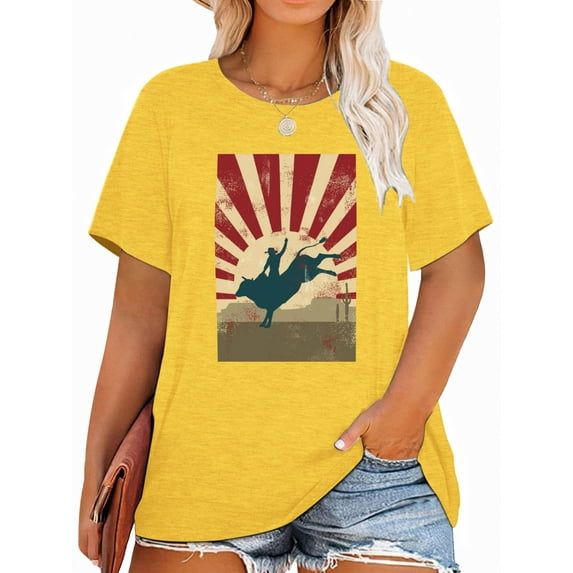 Anbech RODEO Plus Size T-Shirts for Women Graphic Cowboy Print Vintage Short Sleeves T-Shirt with Round Neck