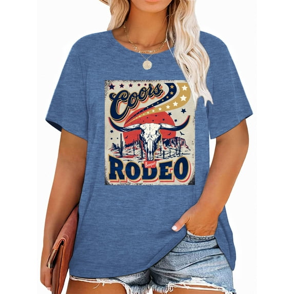 Anbech RODEO Plus Size T-Shirts for Women Graphic Cowboy Print Vintage Short Sleeves T-Shirt with Round Neck