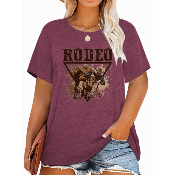 Anbech RODEO Plus Size T-Shirts for Women Graphic Cowboy Print Vintage Short Sleeves T-Shirt with Round Neck