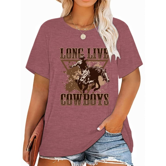 Anbech RODEO Plus Size T-Shirts for Women Graphic Long Live Cowboys Print Vintage Short Sleeves T-Shirt with Round Neck