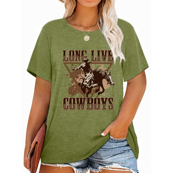 Anbech RODEO Plus Size T-Shirts for Women Graphic Long Live Cowboys Print Vintage Short Sleeves T-Shirt with Round Neck