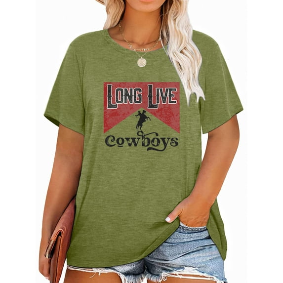 Anbech RODEO Plus Size T-Shirts for Women Graphic Long Live Cowboys Print Vintage Short Sleeves T-Shirt with Round Neck