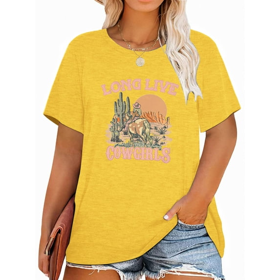 Anbech RODEO Plus Size T-Shirts for Women Graphic Long Live Cowgirls Print Vintage Short Sleeves T-Shirt with Round Neck