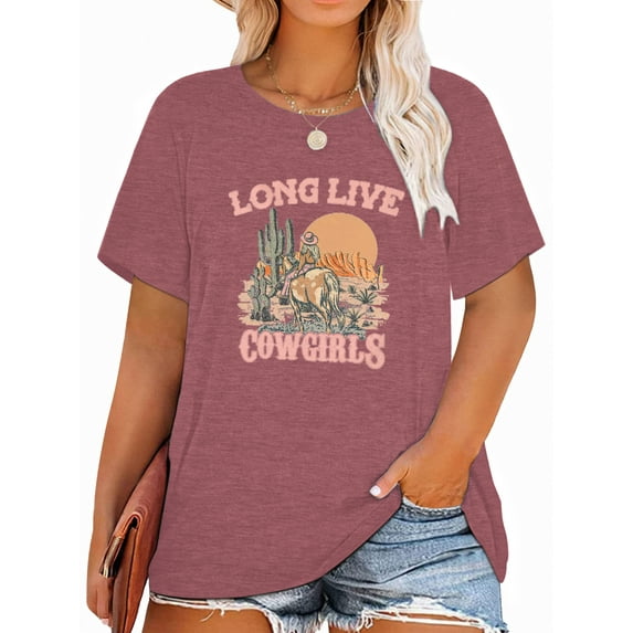 Anbech RODEO Plus Size T-Shirts for Women Graphic Long Live Cowgirls Print Vintage Short Sleeves T-Shirt with Round Neck