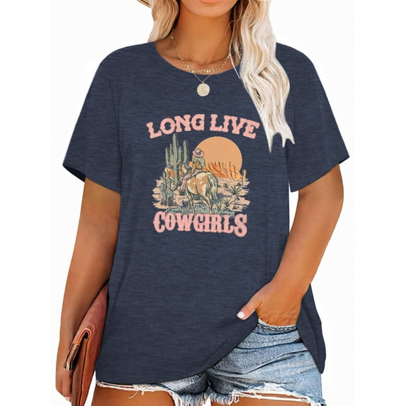 Anbech RODEO Plus Size T-Shirts for Women Graphic Long Live Cowgirls Print Vintage Short Sleeves T-Shirt with Round Neck
