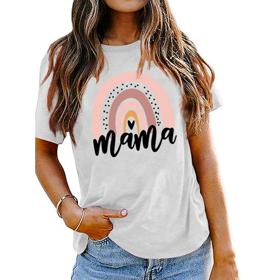Anbech Rainbow MAMA Shirt for Womens Graphic Tshirts Short Sleeve Mother's Day Causal Summer Tops