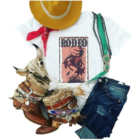 Anbech Rodeo Shirts for Women 80s Las Vegas 1985 USA Vintage Short Sleeve Tee