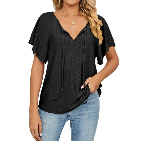 Anbech Ruffled Sleeve Womens V Neck Shirt 2024 Tunic Casual Blouse Tops