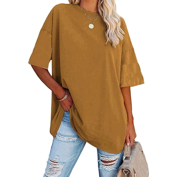 Anbech Shoulder Drop Shirt for Women Oversized Tshirt O Neck Casual Solid Loose Fit Short Sleeve Top