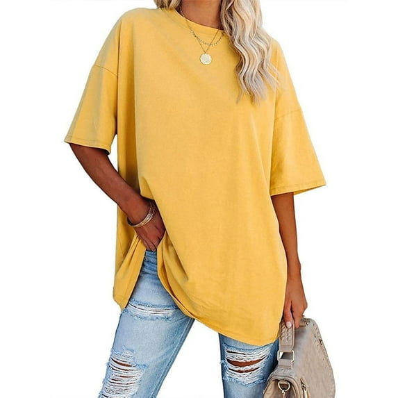 Anbech Shoulder Drop Shirt for Women Oversized Tshirt O Neck Casual Solid Loose Fit Short Sleeve Top
