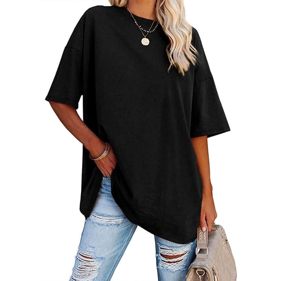 Anbech Shoulder Drop Shirt for Women Oversized Tshirt O Neck Casual Solid Loose Fit Short Sleeve Top