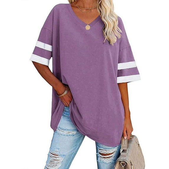 Anbech Shoulder Drop Shirt for Women Oversized Tshirt V Neck Casual Solid Loose Fit Short Sleeve Top