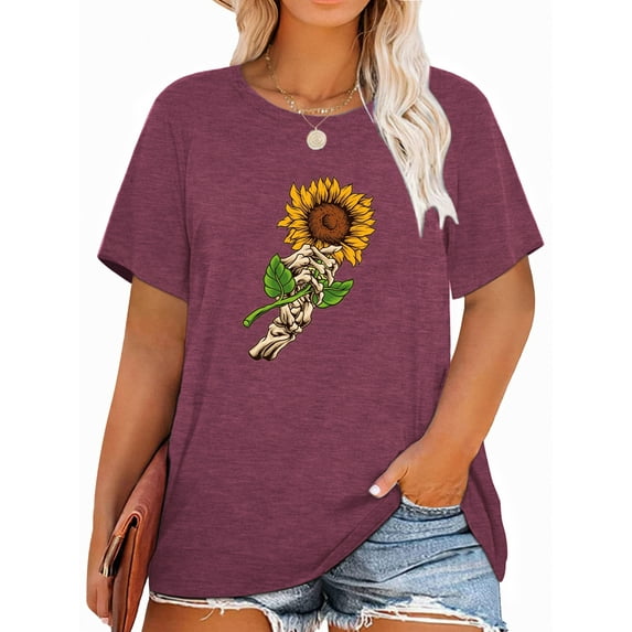 Anbech Skeleton Hand Holding Sunflower Plus Size T-Shirts for Women Graphic Sunflower Print Oversize Short Sleeves T-Shirt with Round Neck