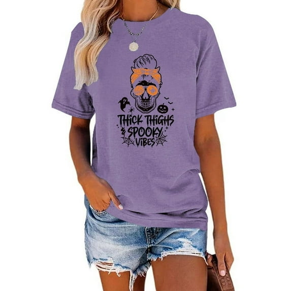 XCHQRTI Skull Shirt for Women Vintage Halloween Tshirt Graphic Shirts Funny Retro Short Sleeve Tops